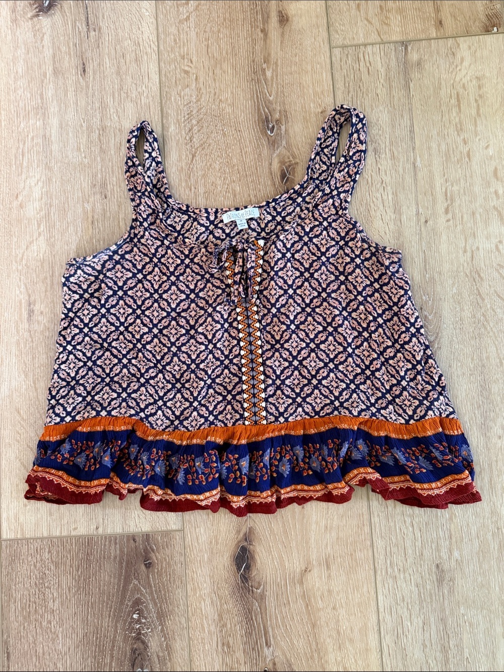 Patrons of Peace | Navy & Orange Boho Ruffle Hem Camisole | size M